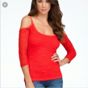 BEBE Cold shoulder red lace top